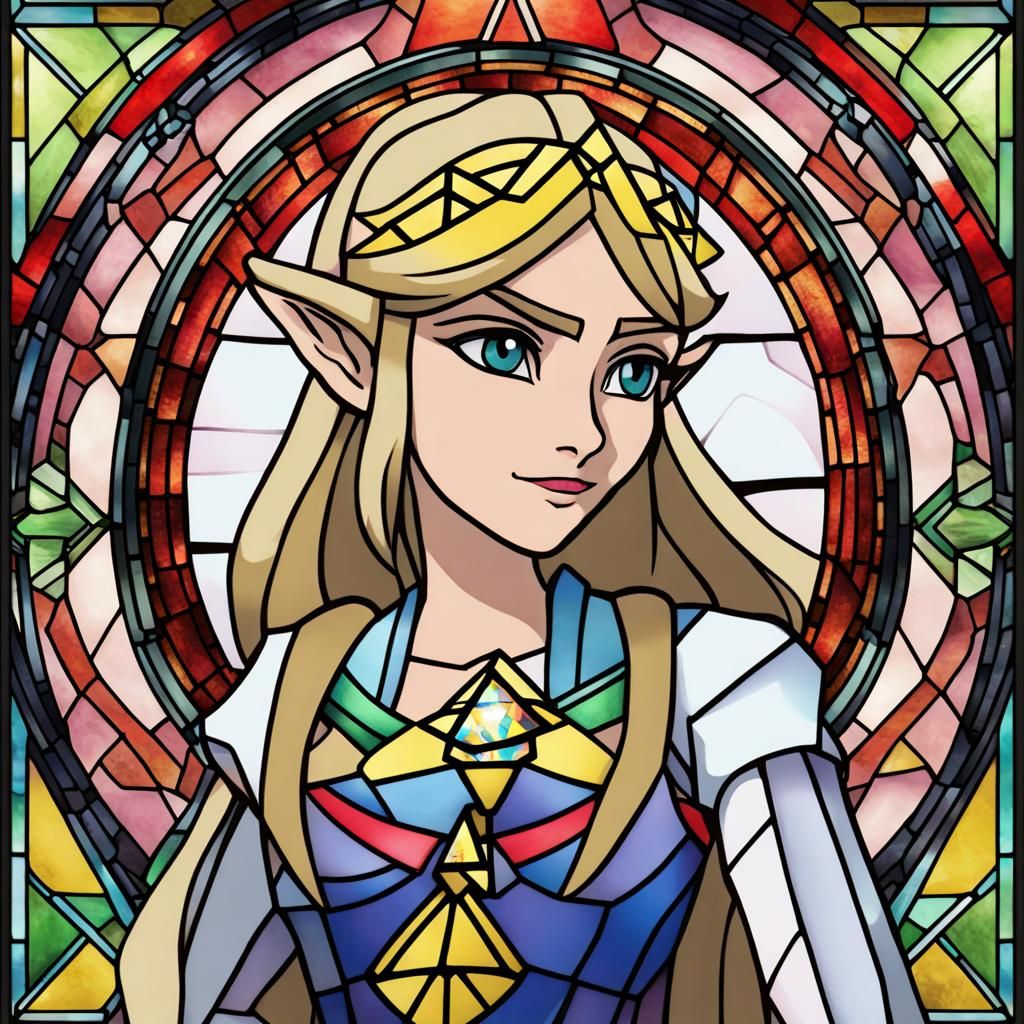 Princess Zelda Holding Triforce in Stained Glass Style