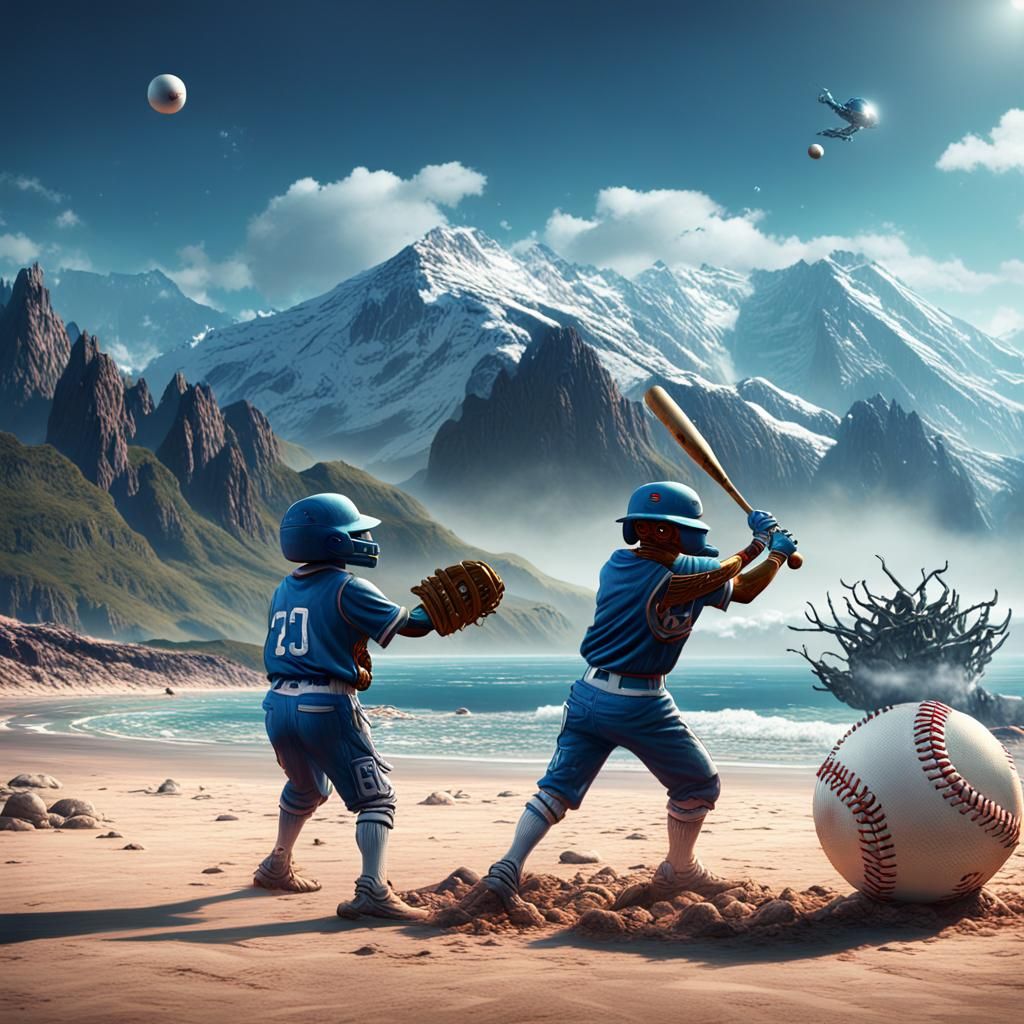 Aliens Play Baseball on Beach: Detailed Matte Painting