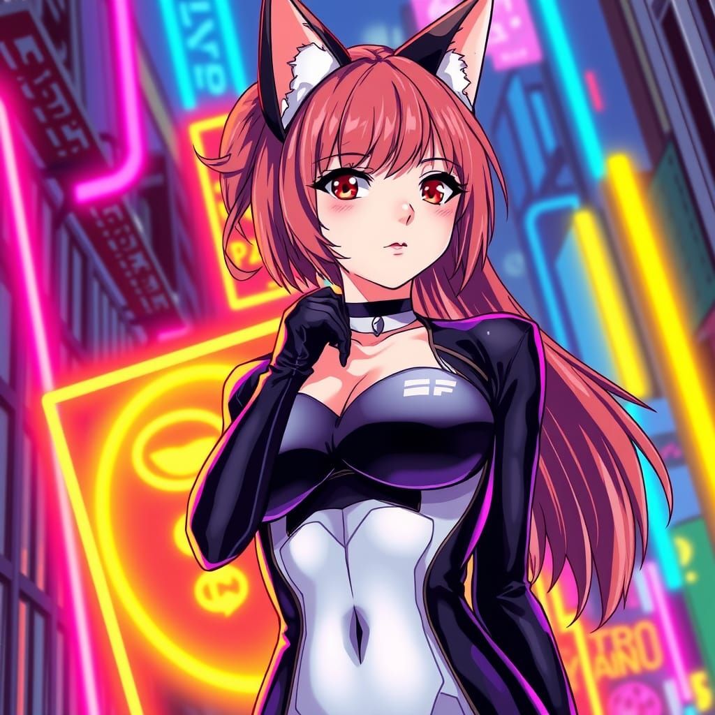 Anime Neko Girl in Neon Power Suit