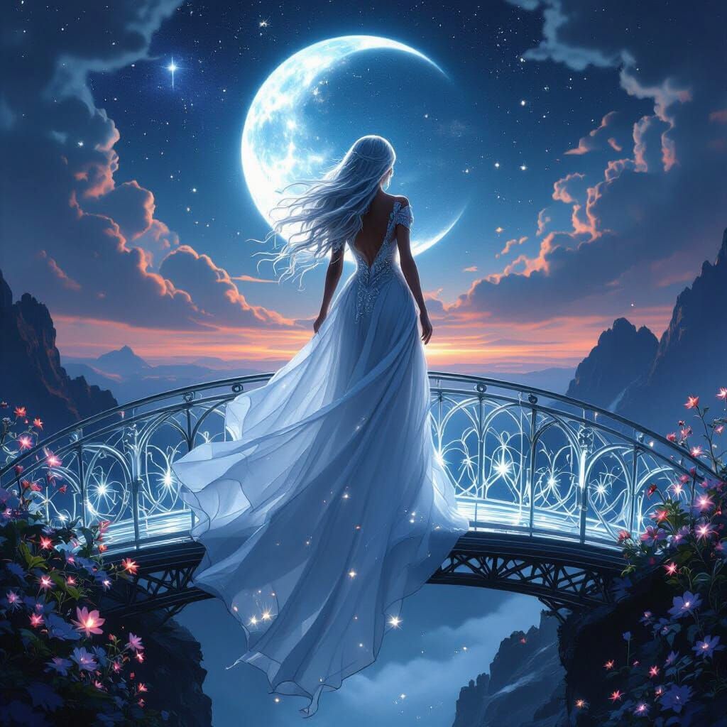 Ethereal Queen on Crystal Bridge Over Nebula Sky