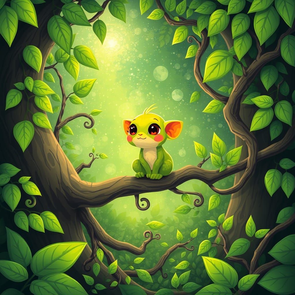 Green Universe: Cartoon Creature in Enchanted Forest