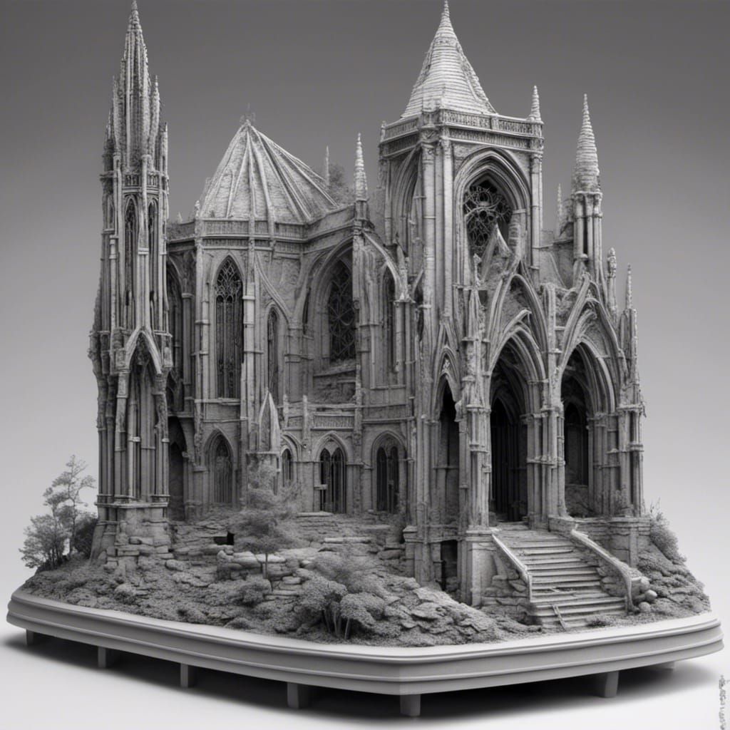 Gothic Church Ruins in Grayscale 3D Resin Print
