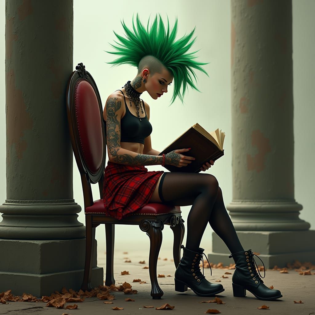 Punk Girl with Green Mohawk Reading a Book