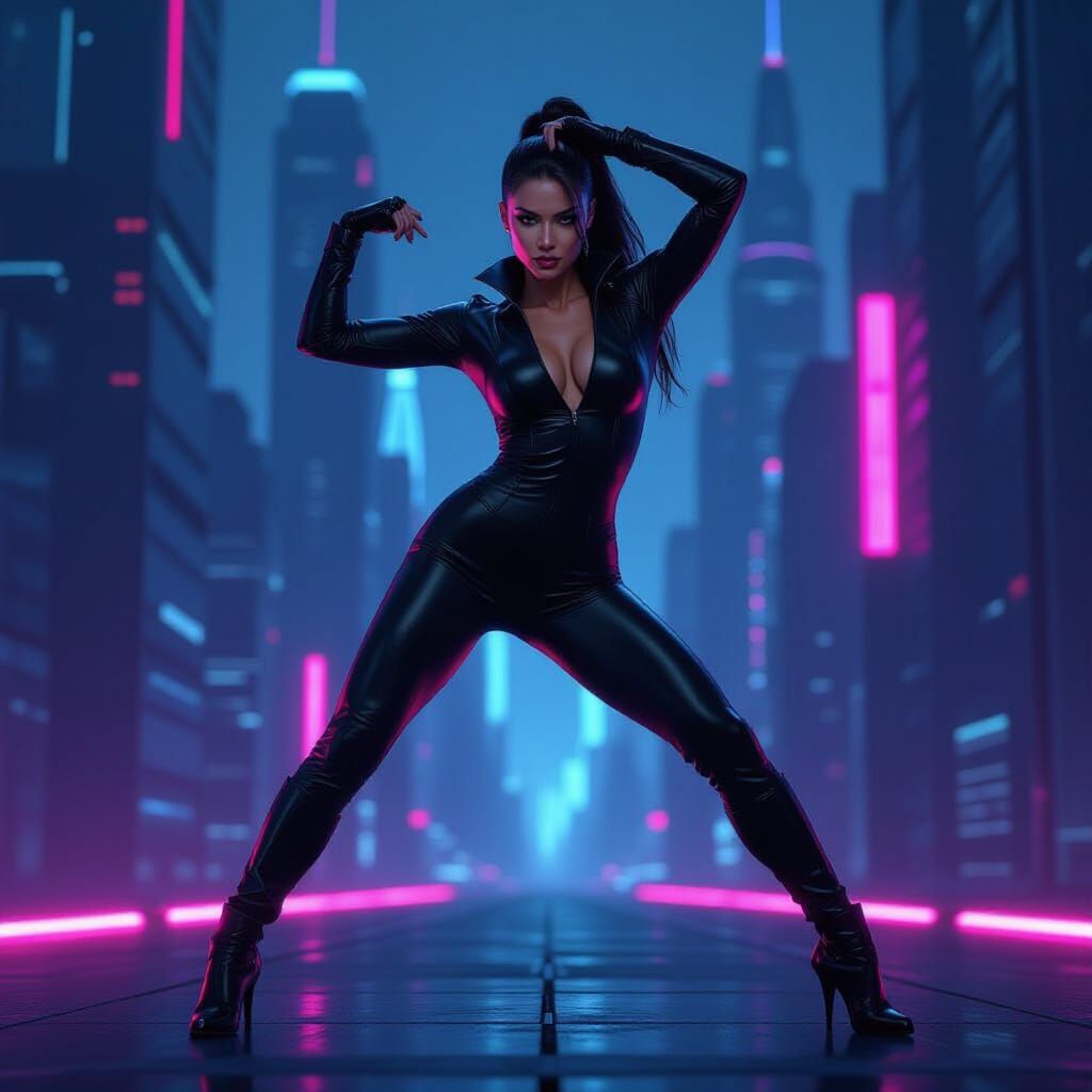 Futuristic Dancer in Neon Cityscape