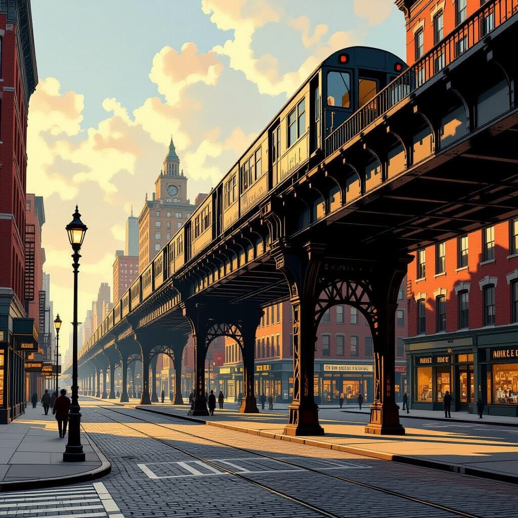 NYC Elevated Railway, Golden Light, Urban Realism