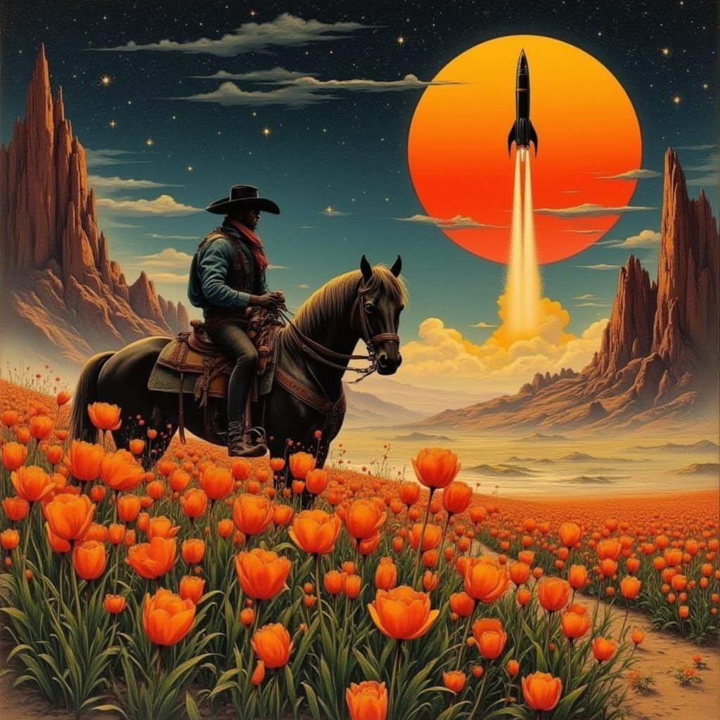 Surreal Space Western Cowboy Amidst Tulips and Rockets