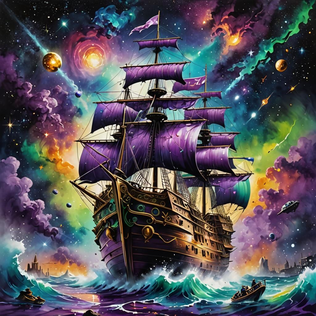 Cyberpunk Galleon Spaceship Sailing Through a Galaxy