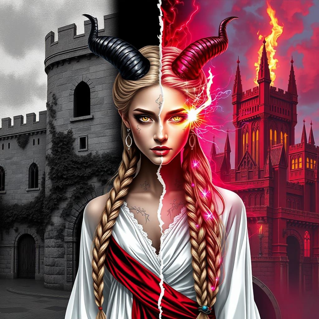 Dual Persona Woman with Horns and Braids