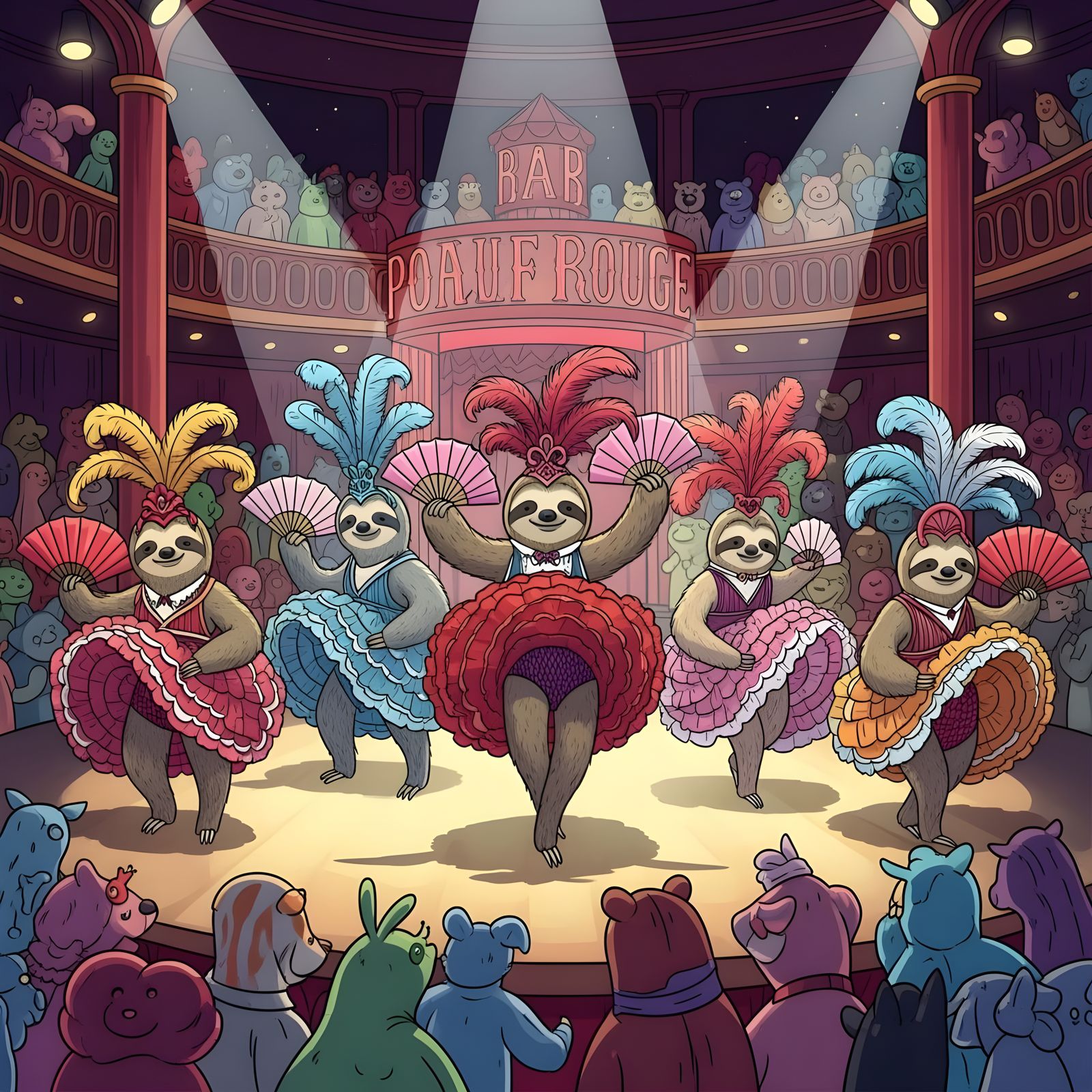 Burlesque Sloths in Moulin Rouge Costumes