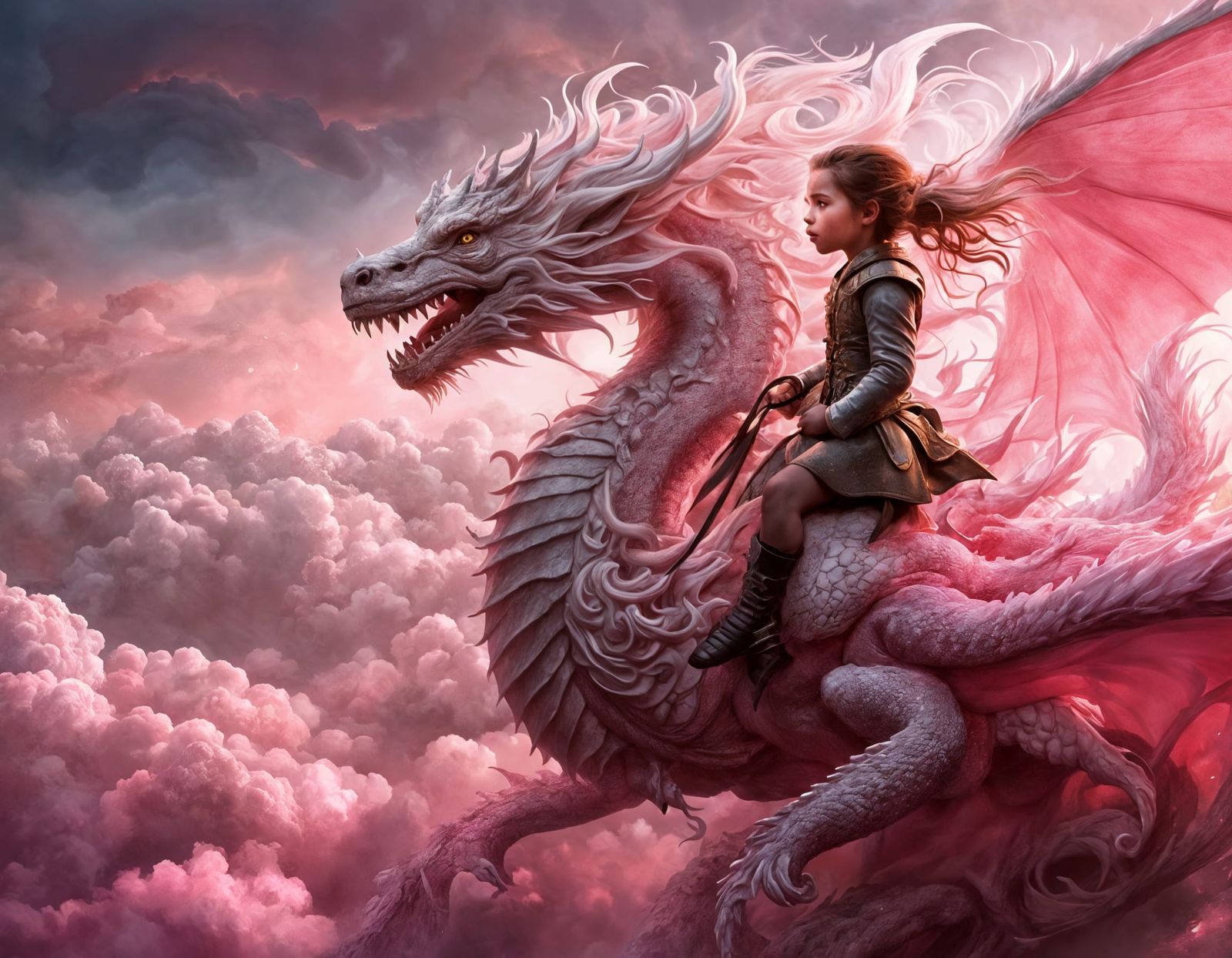 Girl on Dragon in a Fantasy Landscape