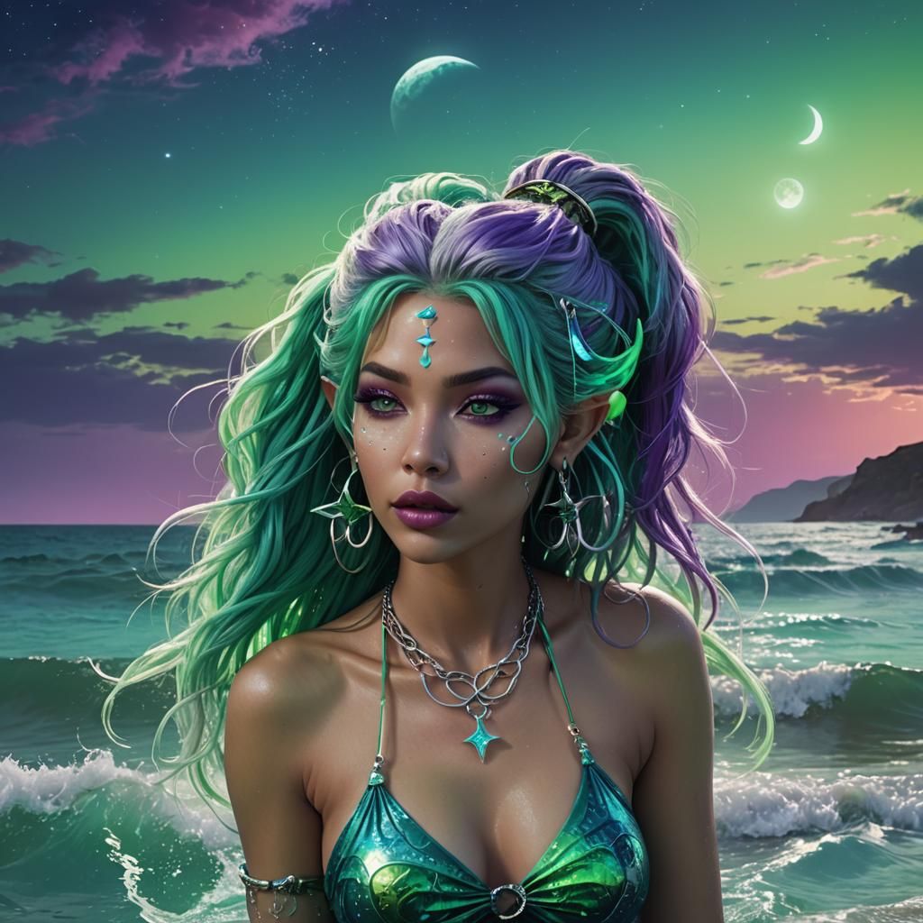 Psychedelic Swim Model on Neon Seashore, Digital Art