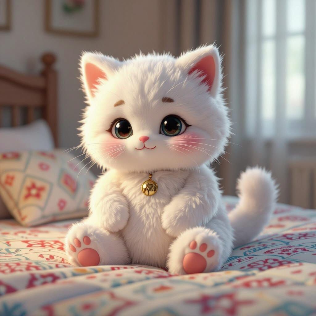 Cute Knitted Cat Sits on Patterned Bed