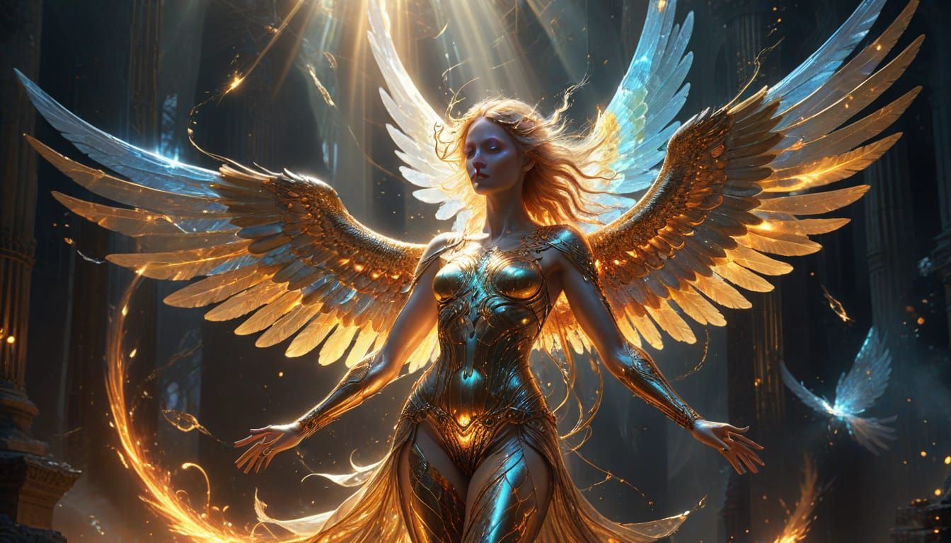 Ethereal Angels with Iridescent Wings in Vibrant Digital Art