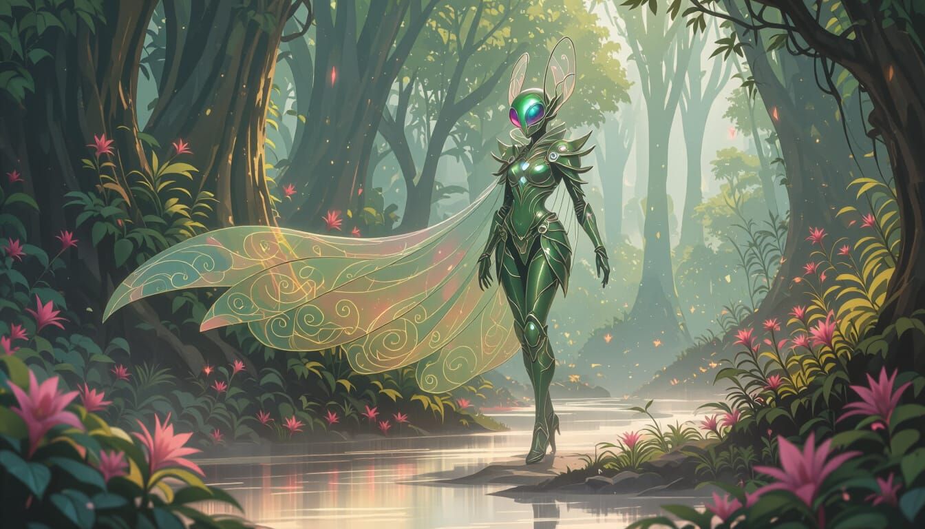 Alien Mantis Girl in Ornate Armor