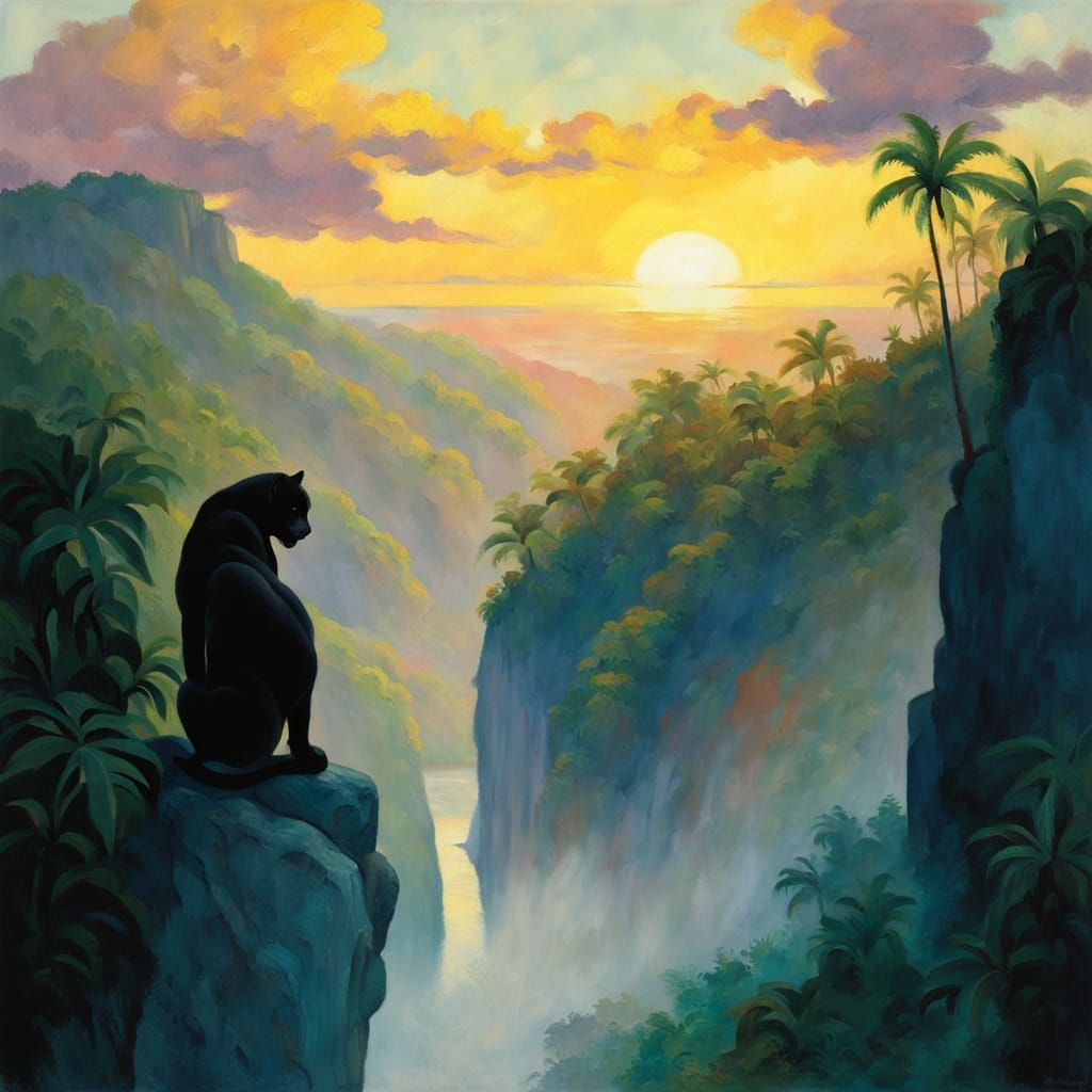 Panther in Tropical Wilderness, Impressionist Painting
