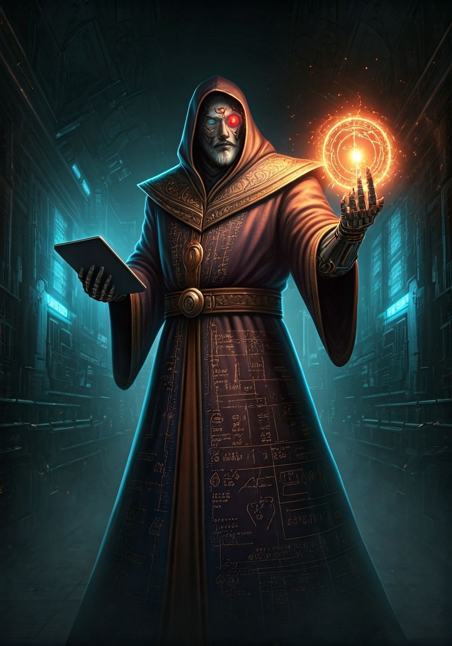 Cyborg Wizard with Cybernetic Arm Conjures Rune