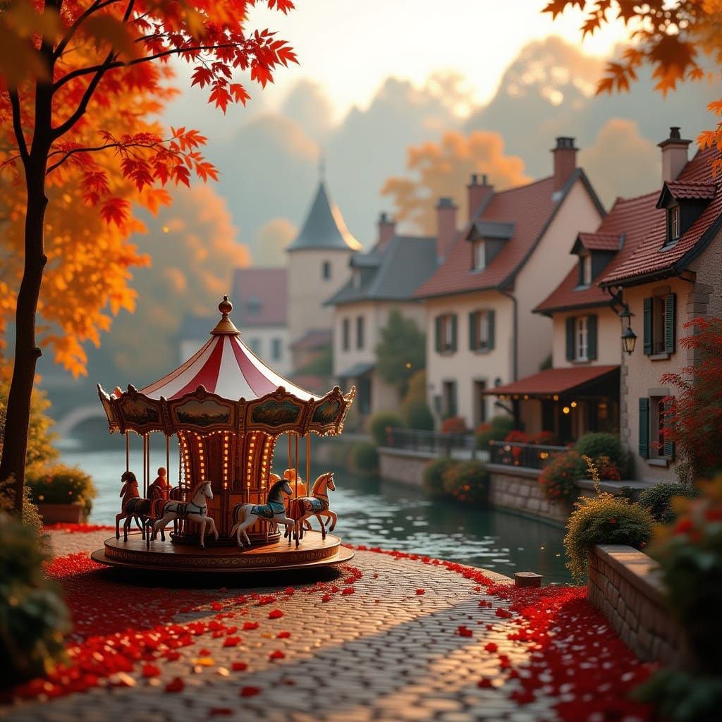 Miniature Carousel in Autumn French Village
