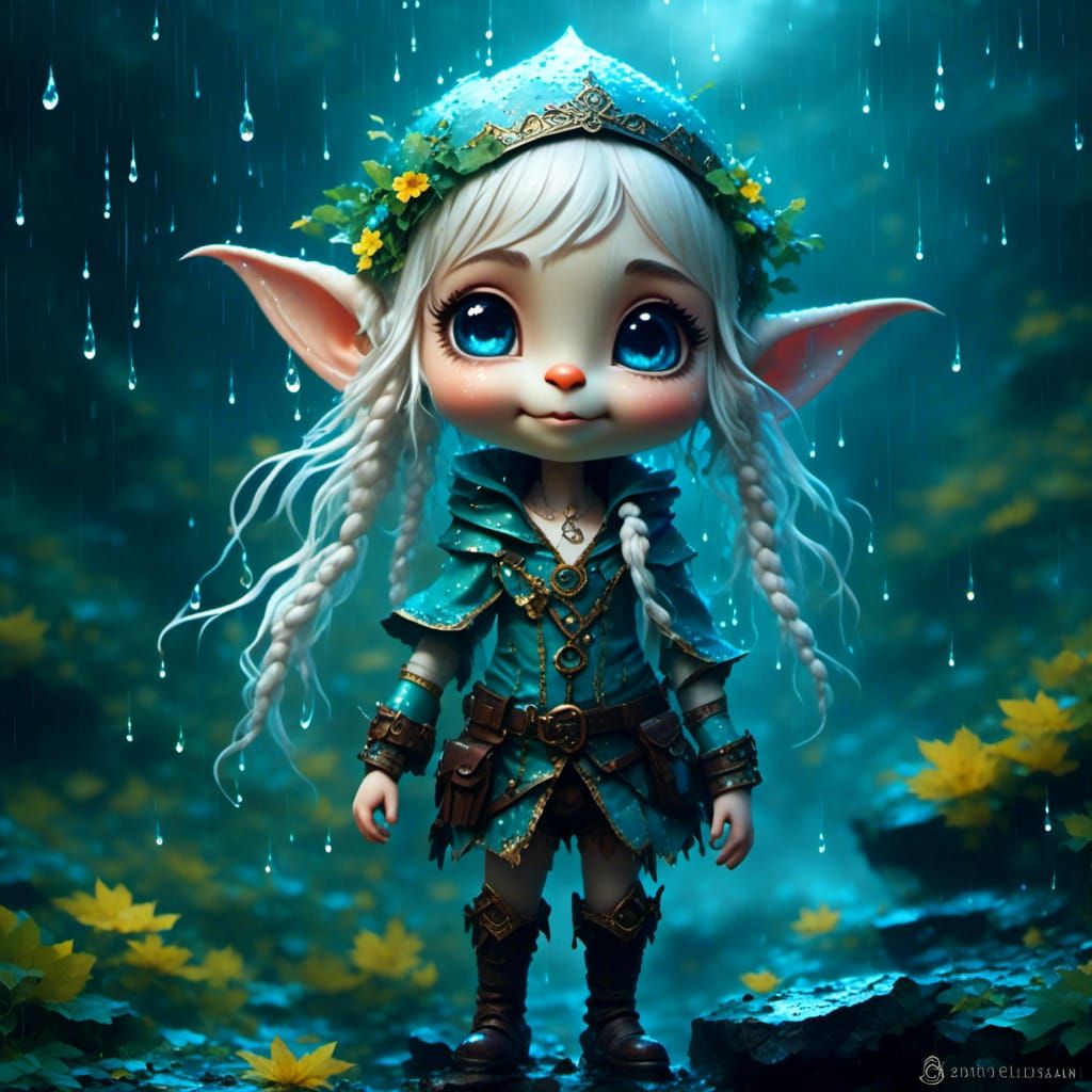 Chibi Elf Portrait in Rainy Fantasy Setting