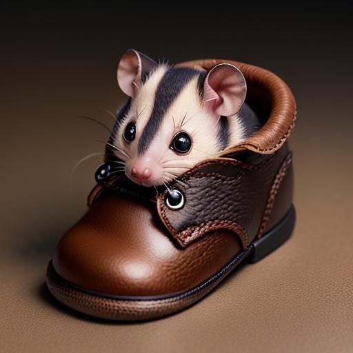 Adorable Chibi Possum Hiding in Leather Shoe