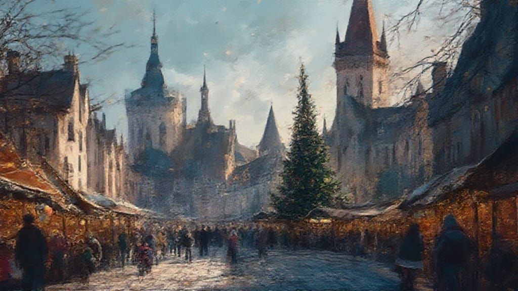 European Christmas Market Scene in Comic Book Style