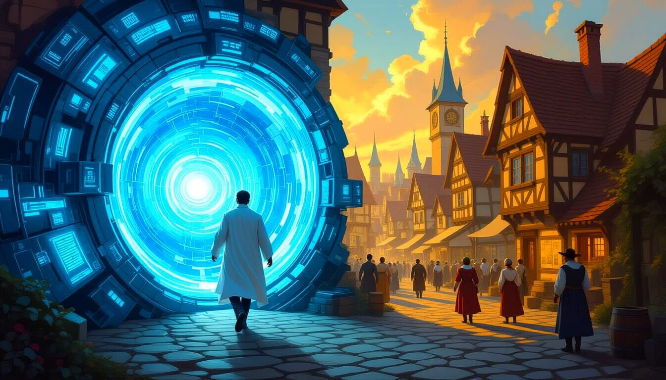 Scientist's Portal: A Collision of Eras as Oil Painting