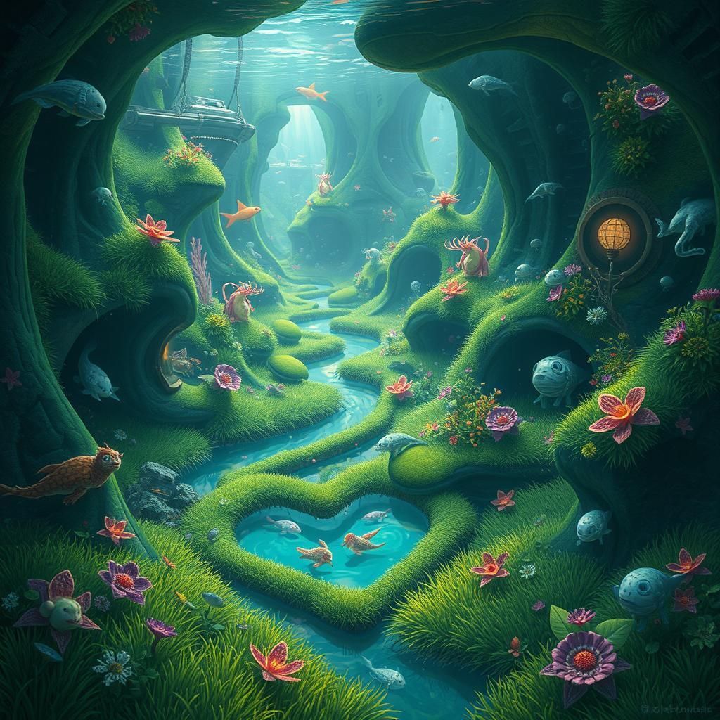 Futuristic Aquarium Ecosystem with Bioluminescent Flora