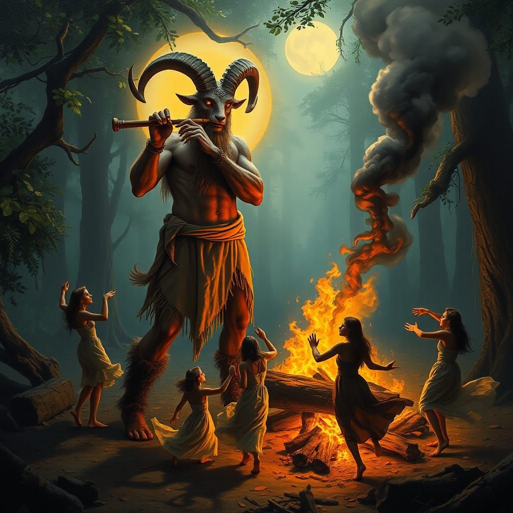 Majestic Faun with Pan Flute in Forest Oil Painting