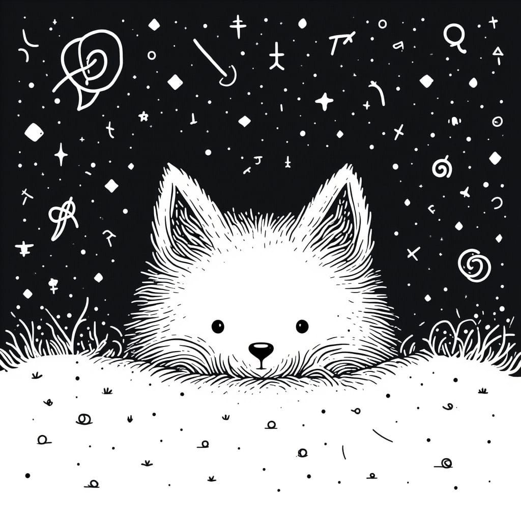 Arctic Fox Hiding in Blizzard: Monochromatic Doodle Art