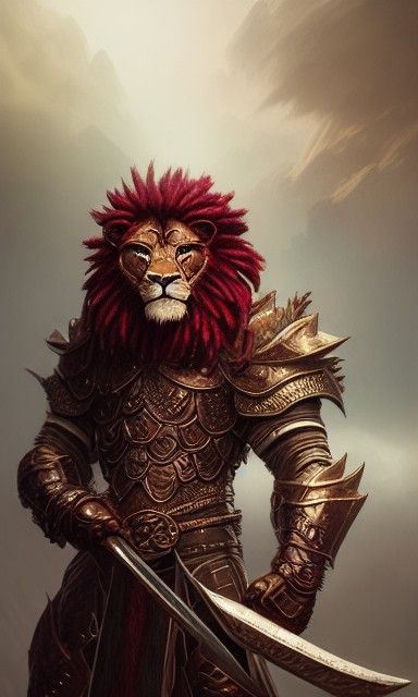 Lionman Fantasy Warrior in Intricate Shining Armor