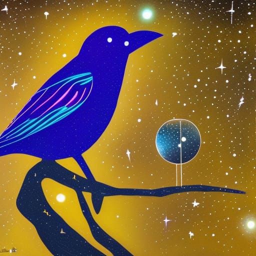 Martian Starling Portrait Under Starry Sky