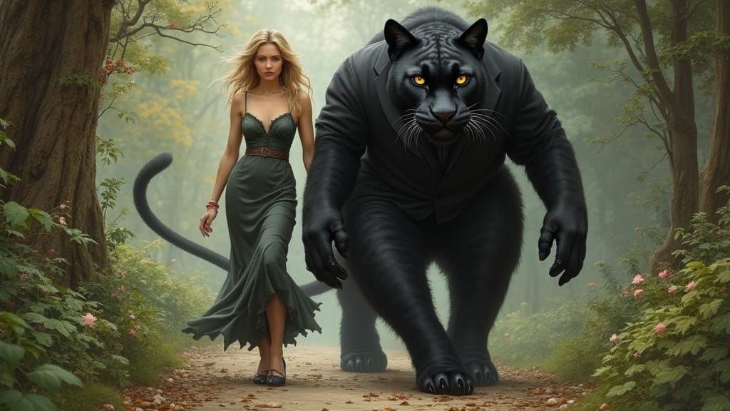 Anthropomorphic Panther in Business Suit with Woman in Mysti...