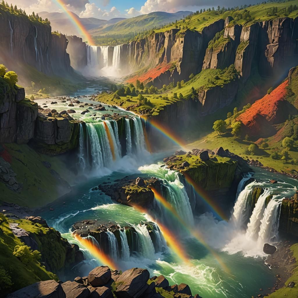 Rainbow Falls Over Green Valley: Fantasy Concept Art