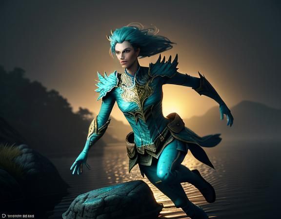 Amphibioid on Misty Lake in 3D Cinematic Style