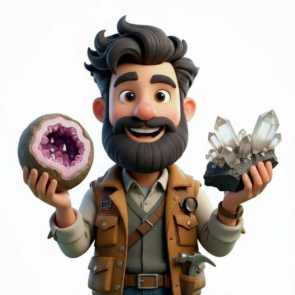 Cartoon Geologist Displays Geode and Druse