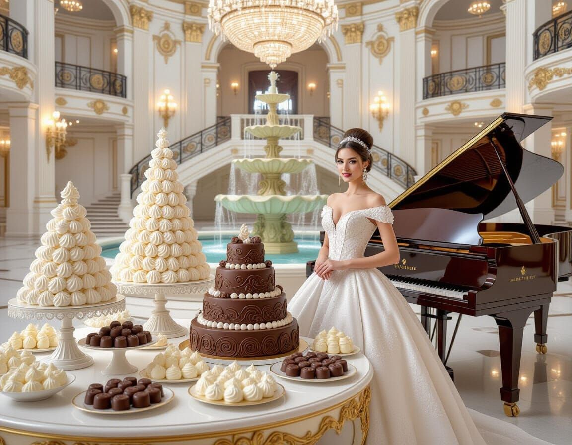 Elegant Woman at Lavish Sweet Table in Grand Ballroom