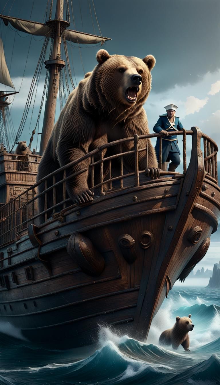 Grizzly Bear Sailor on an Old Wooden Ship