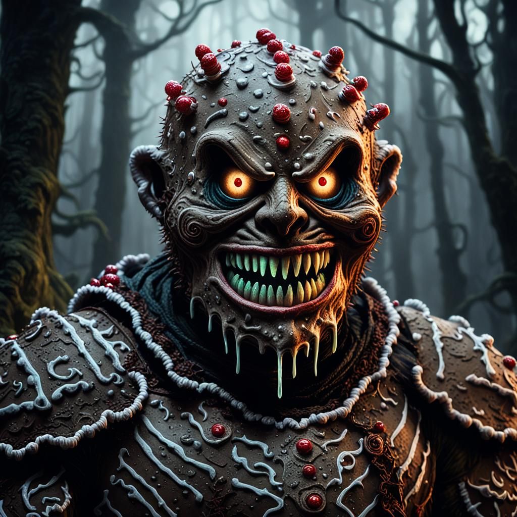 Grotesque Gingerbread Creature in Dark Fantasy Forest