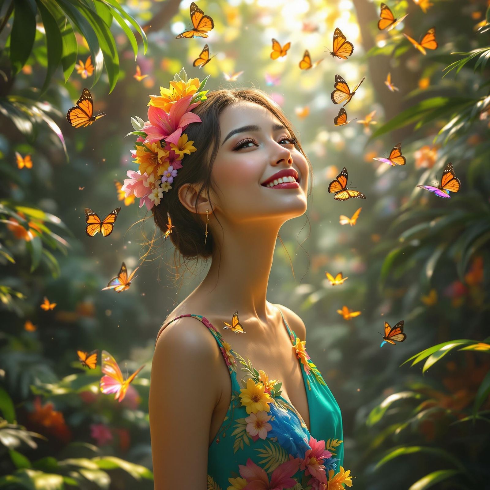 Tropical Jungle Goddess with Iridescent Fog and Colorful But...