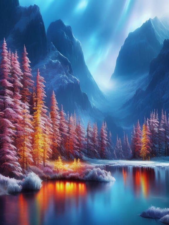 Rainbow Northern Lights Fantasy Landscape, Splash Art