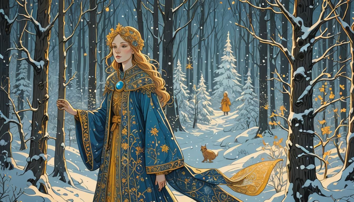 Snegurochka in Winter Forest, Bilibin Style Illustration