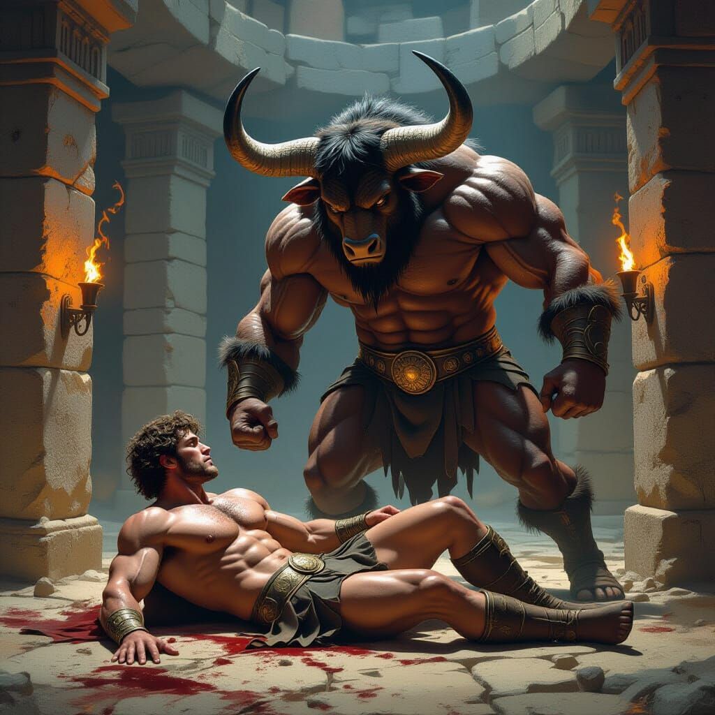 Theseus Defeated by Minotaur in Labyrinth - Epic Concept Art