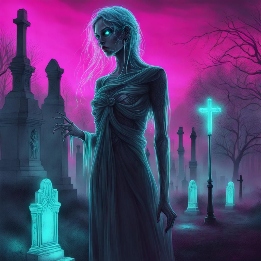 Ethereal Wraith Phasing Through Neon City Cemetery