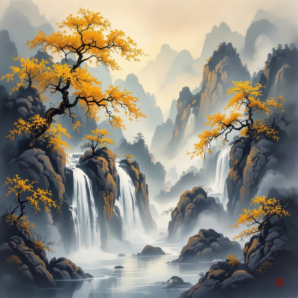 Tranquil Chinese Ink Painting of Autumn Mountains