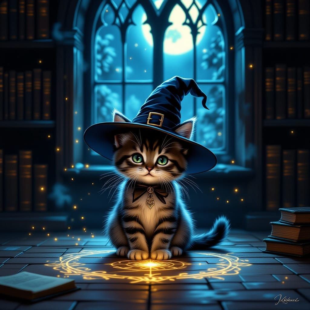 Cute Witch Kitten in Moonlit Antique Library