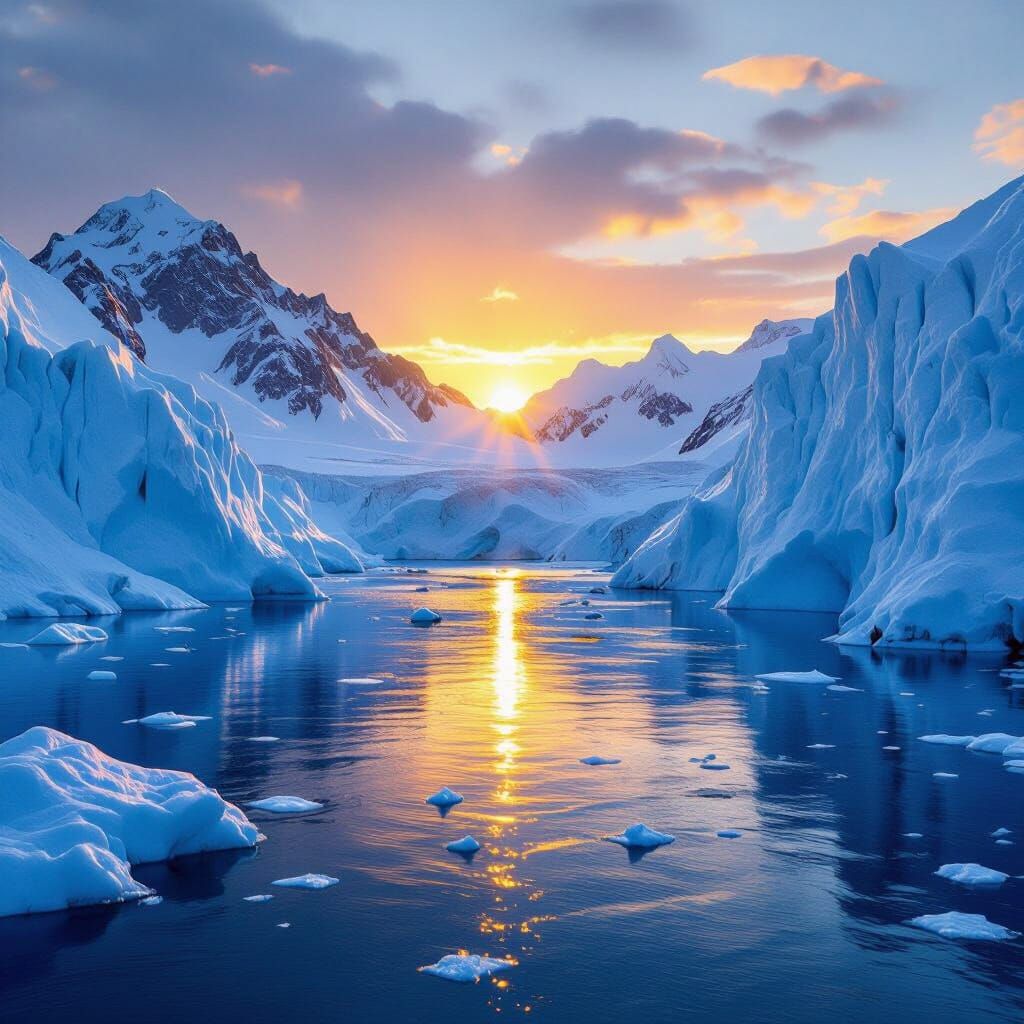 Colossal Glaciers in Arctic Bay at Sunrise