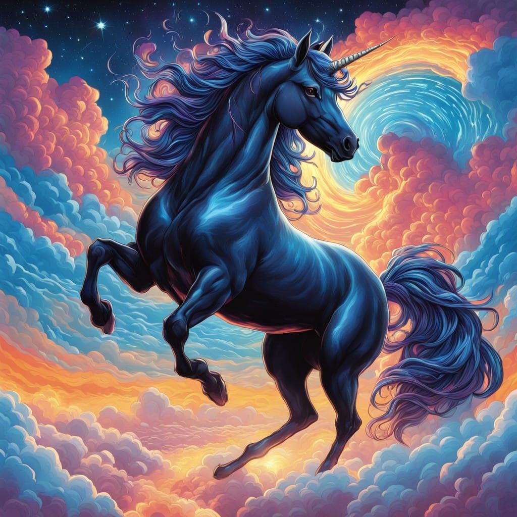 A magical black iridescent unicorn with superpowers, the mane turning into bright neon blue fire, soars through the sky....