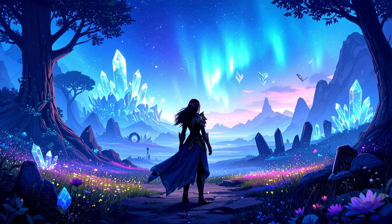 Fantasy Heroine Gazes at Luminous Alien Landscape