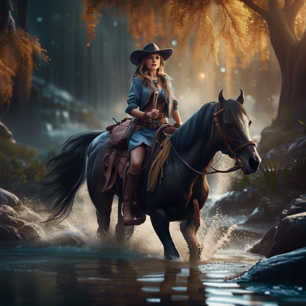 Cowgirl on Horse in Stream: Fantasy Concept Art