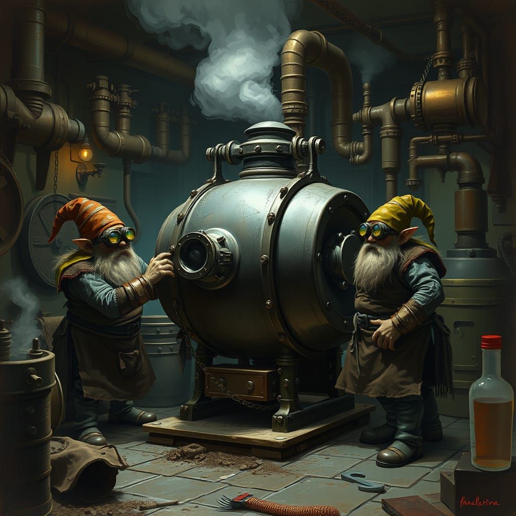 Dwarves Assembling Tank in Steampunk Workshop