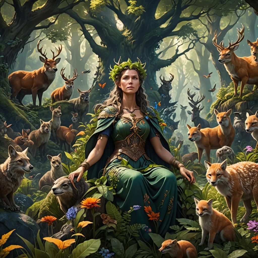Mother Nature with Forest Animals in Summer